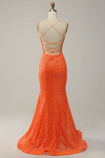 Sirena Tirantes de Espagueti Naranja Vestido de Fiesta